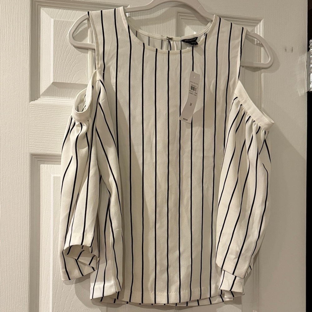 Ann Taylor White and Black Striped Cold Shoulder Blouse